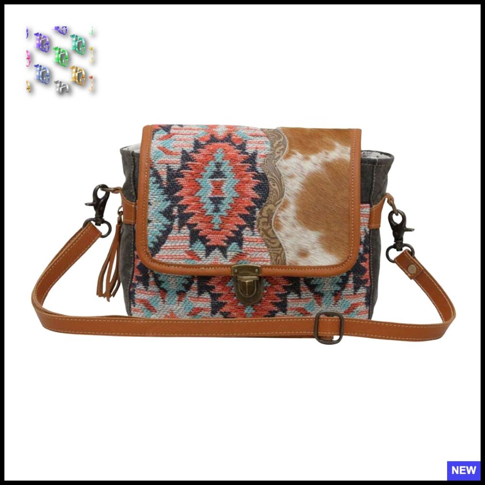 Brown Leather Shoulder Bag Aztec Pattern Saddle Style Top Handle
